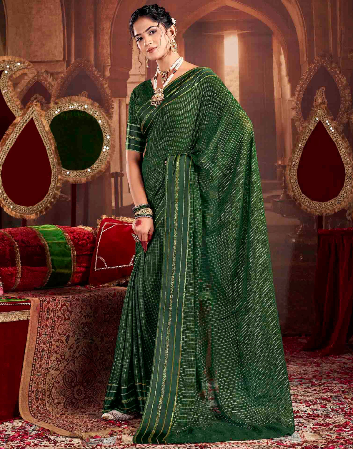 Green Georgette Woven Checked Saree