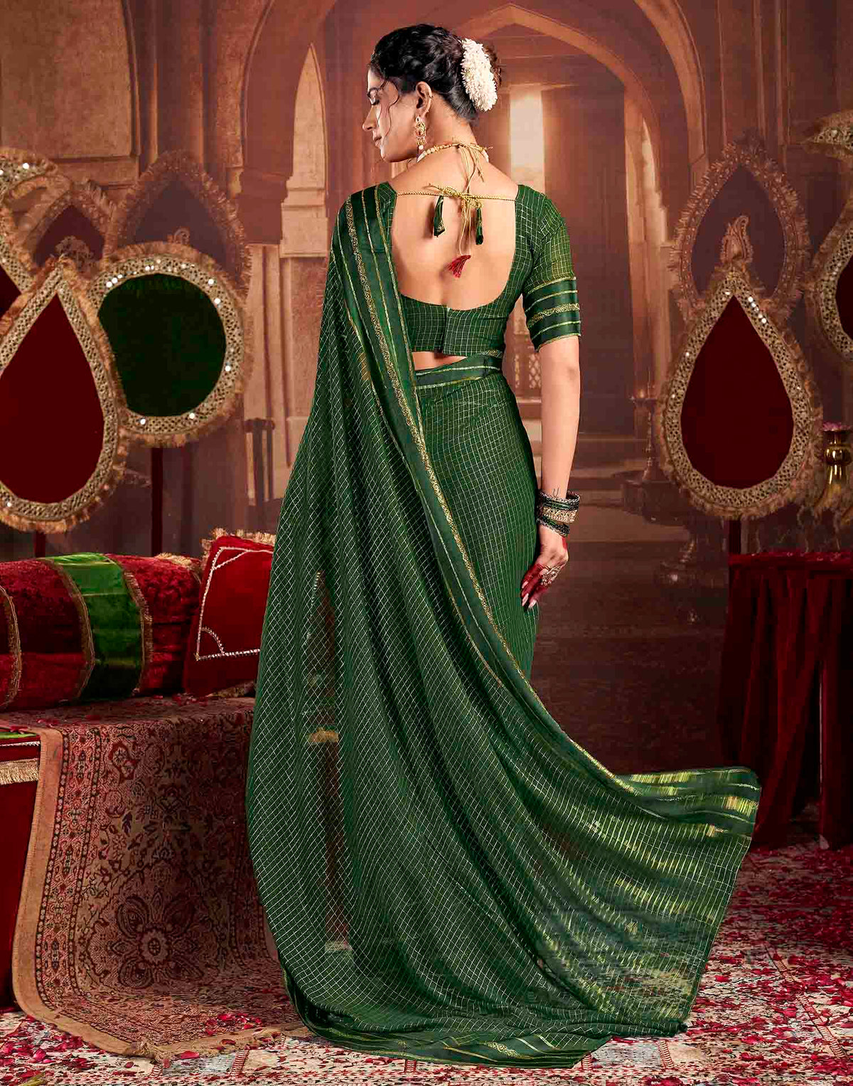 Green Georgette Woven Checked Saree