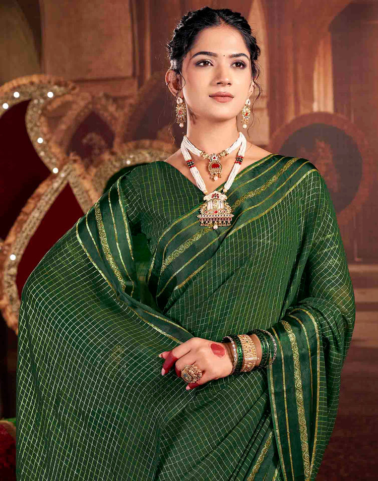 Green Georgette Woven Checked Saree