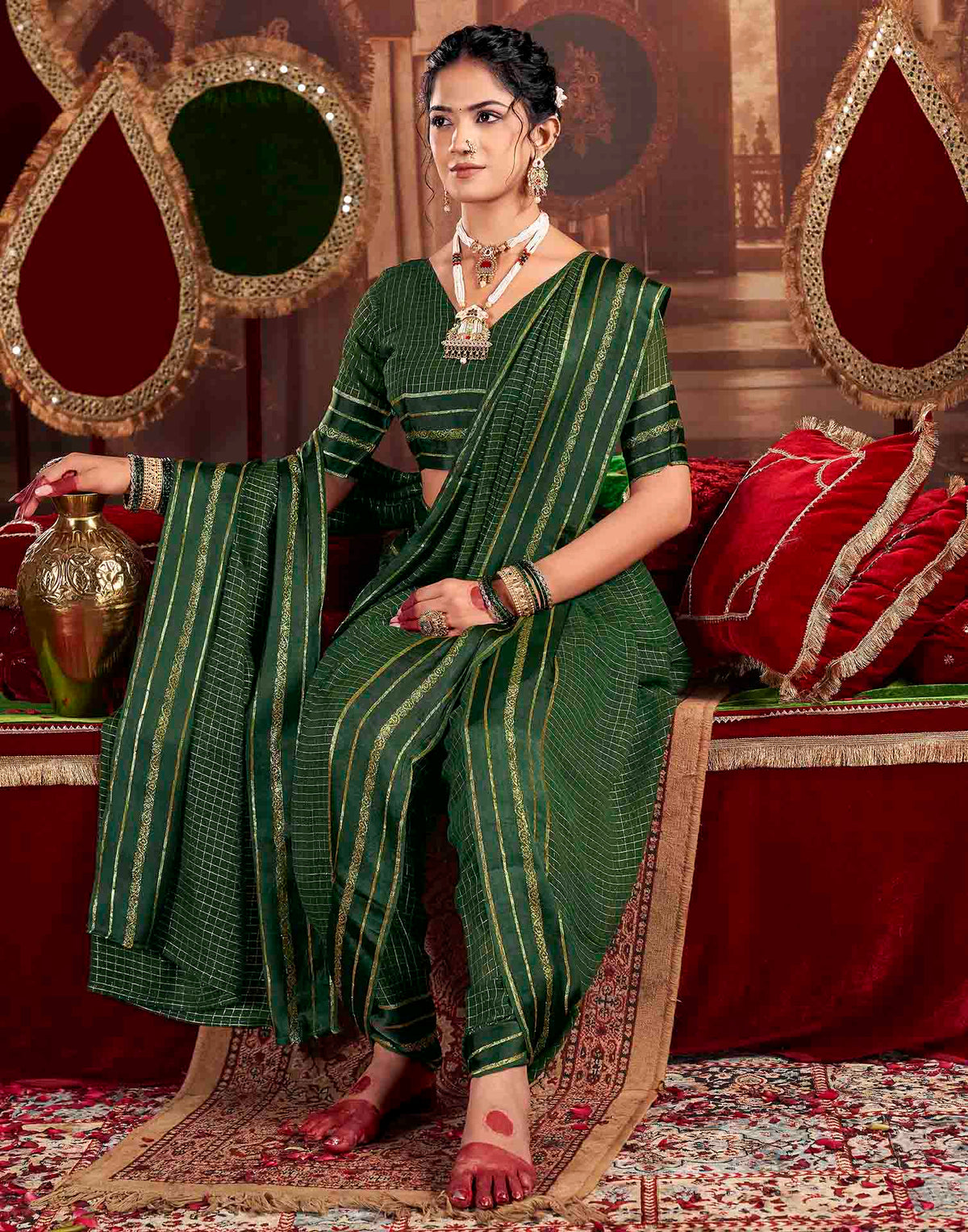 Green Georgette Woven Checked Saree