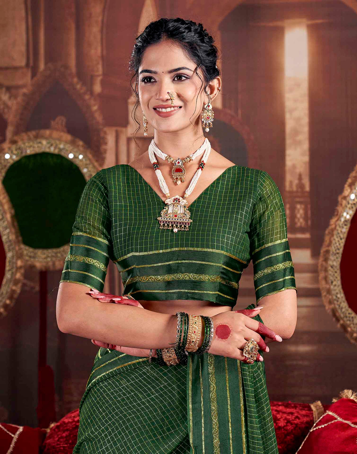 Green Georgette Woven Checked Saree
