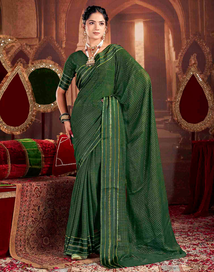 Green Georgette Woven Checked Saree