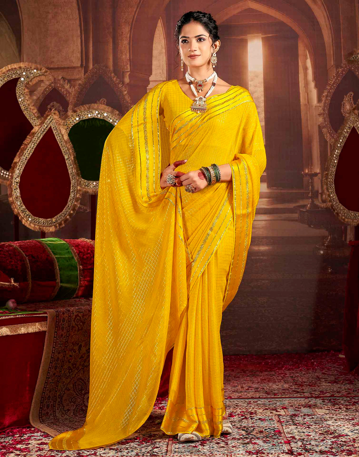 Yellow Georgette Woven Checked Saree