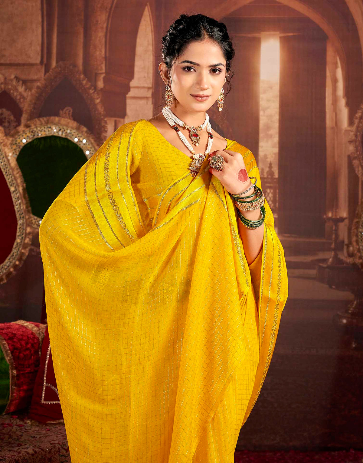 Yellow Georgette Woven Checked Saree