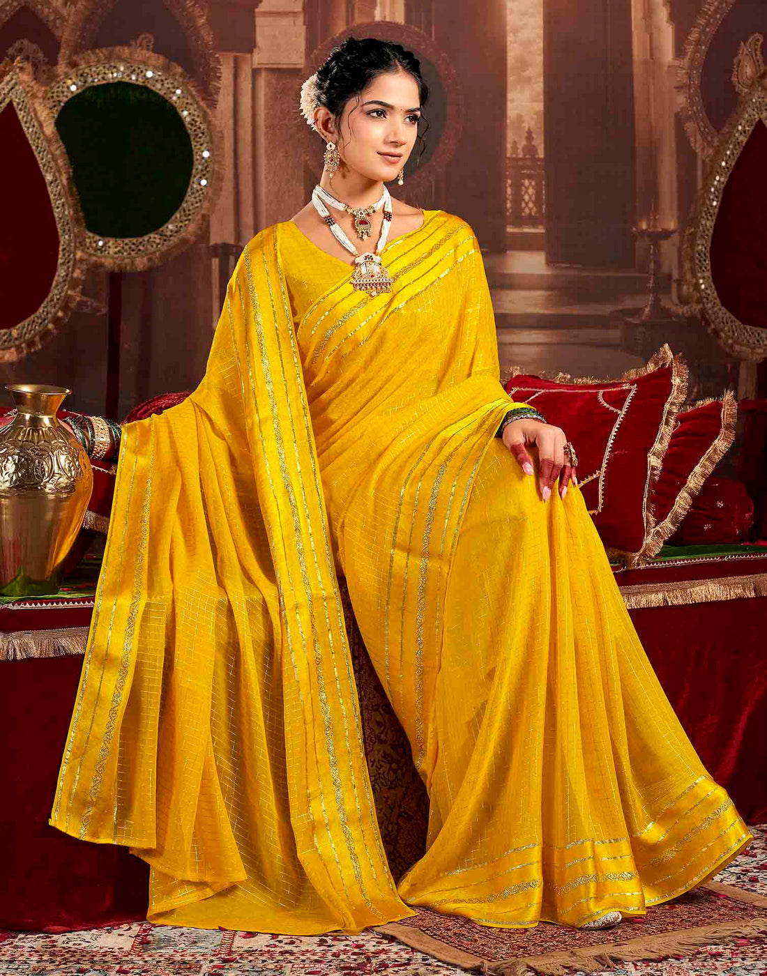 Yellow Georgette Woven Checked Saree