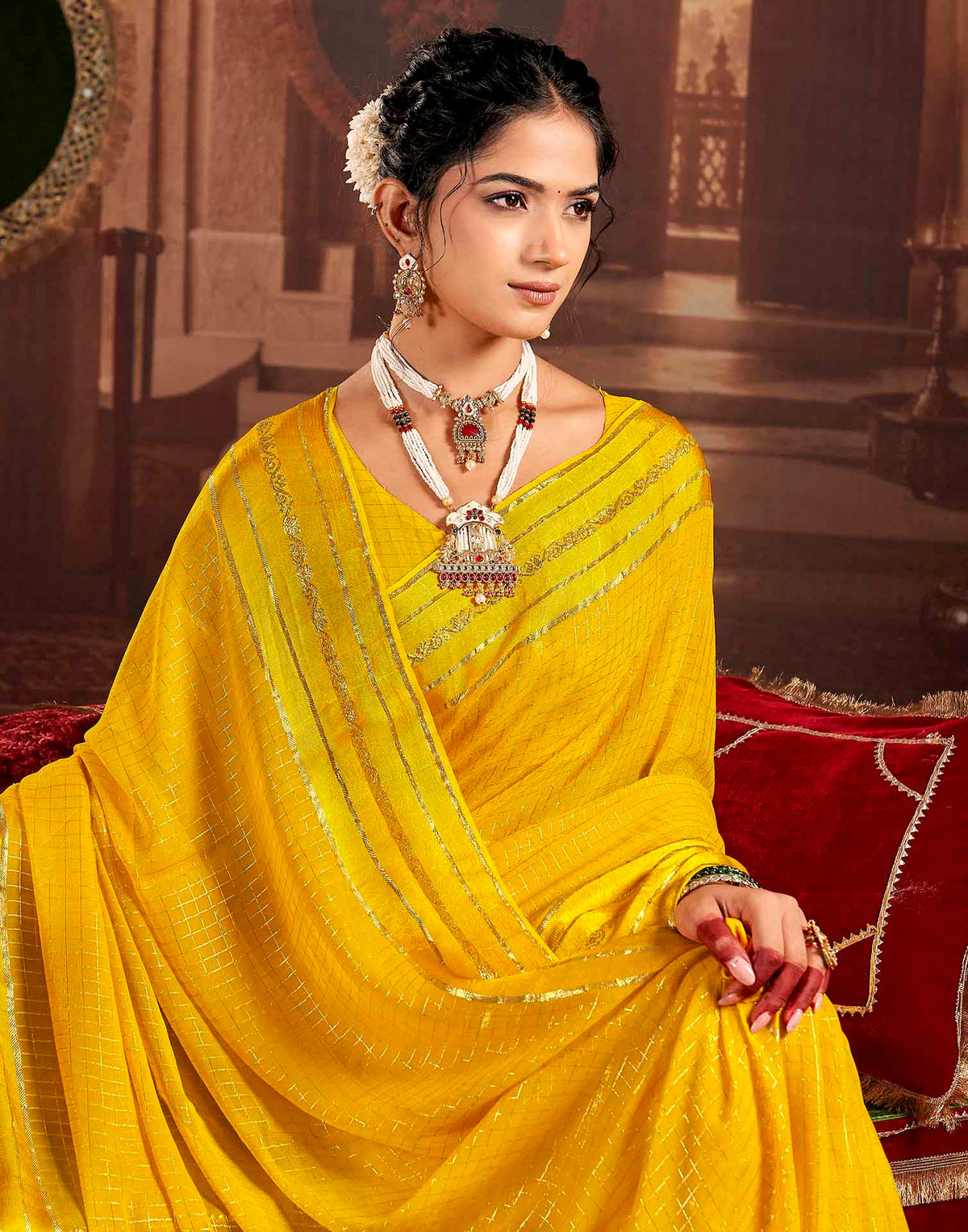 Yellow Georgette Woven Checked Saree