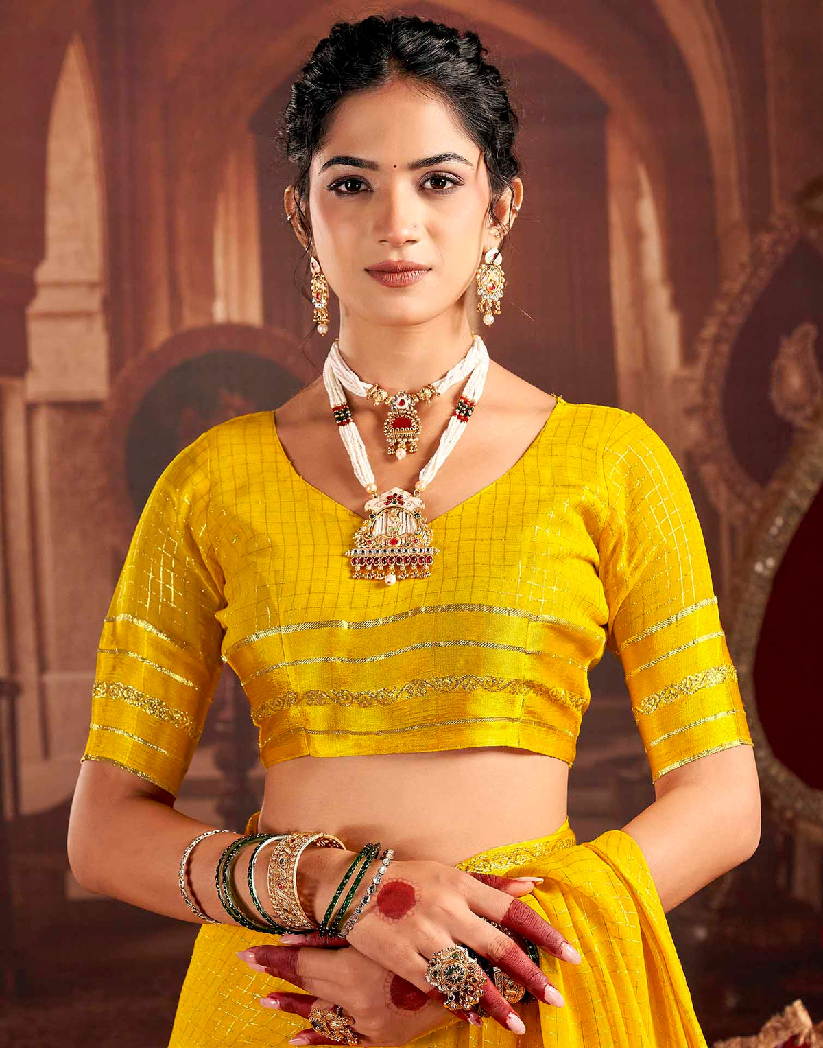 Yellow Georgette Woven Checked Saree