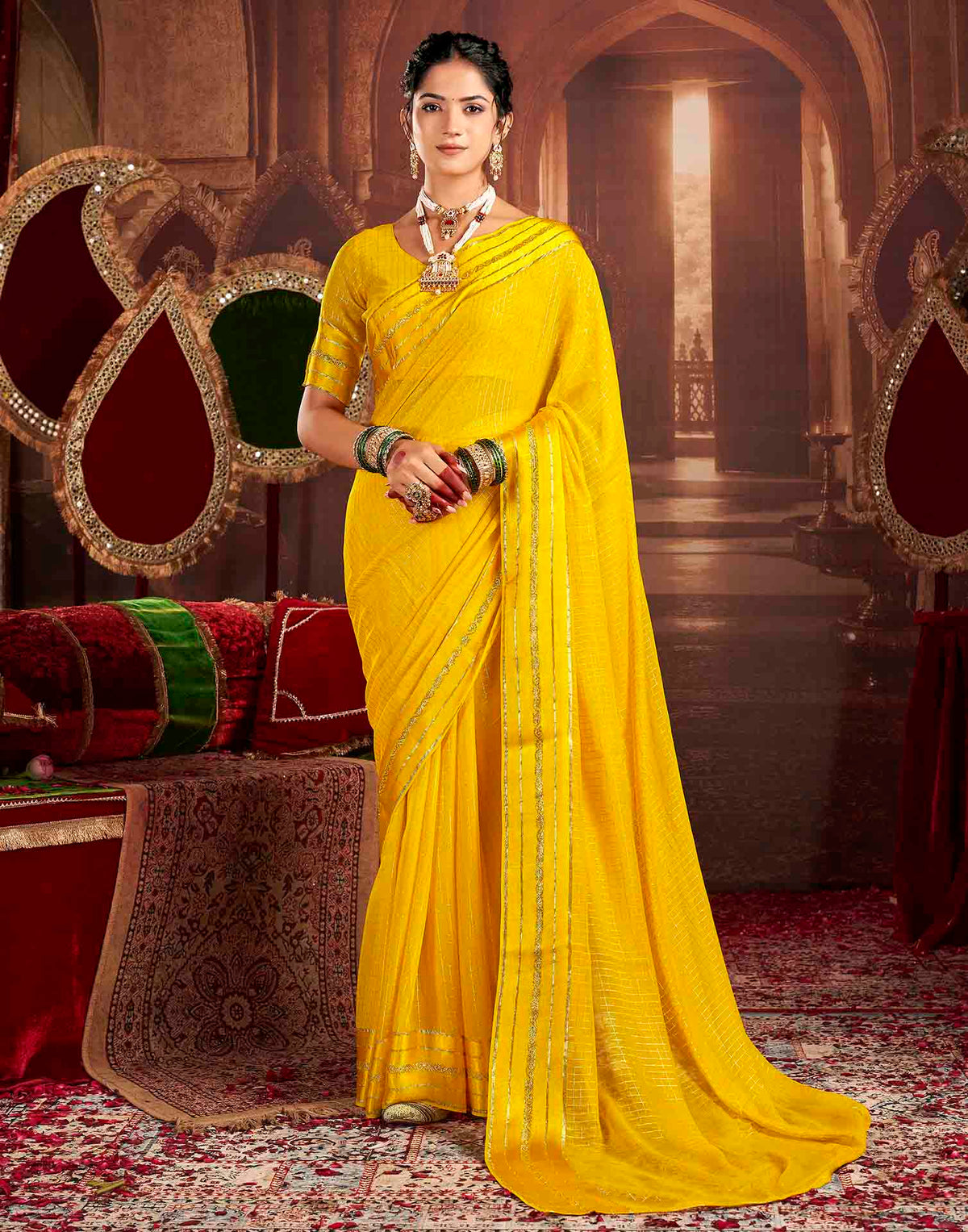 Yellow Georgette Woven Checked Saree