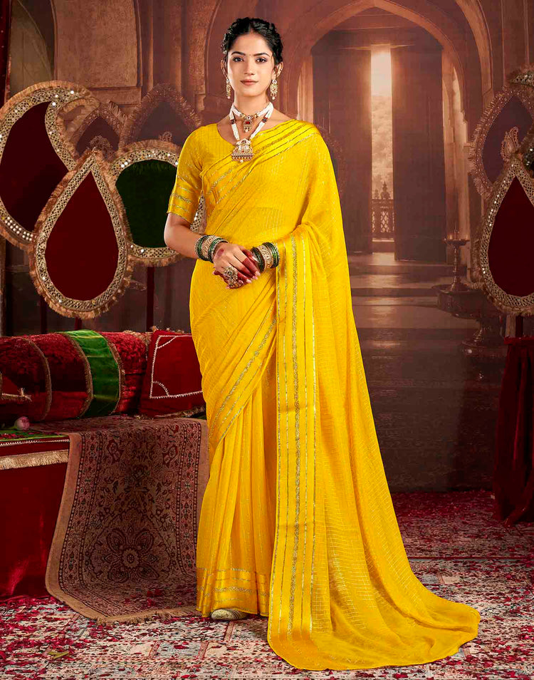 Yellow Georgette Woven Checked Saree