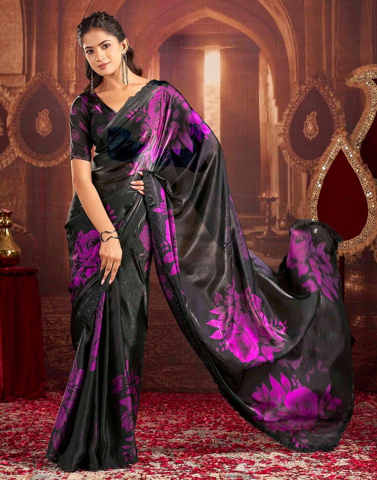 Black Shimmer Floral Printed Saree