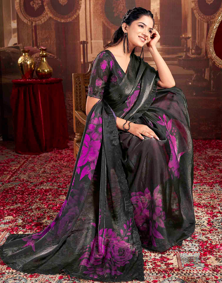 Black Shimmer Floral Printed Saree