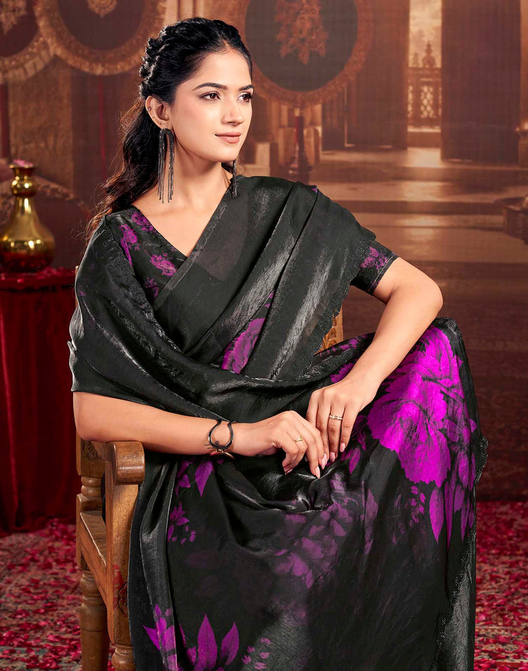 Black Shimmer Floral Printed Saree