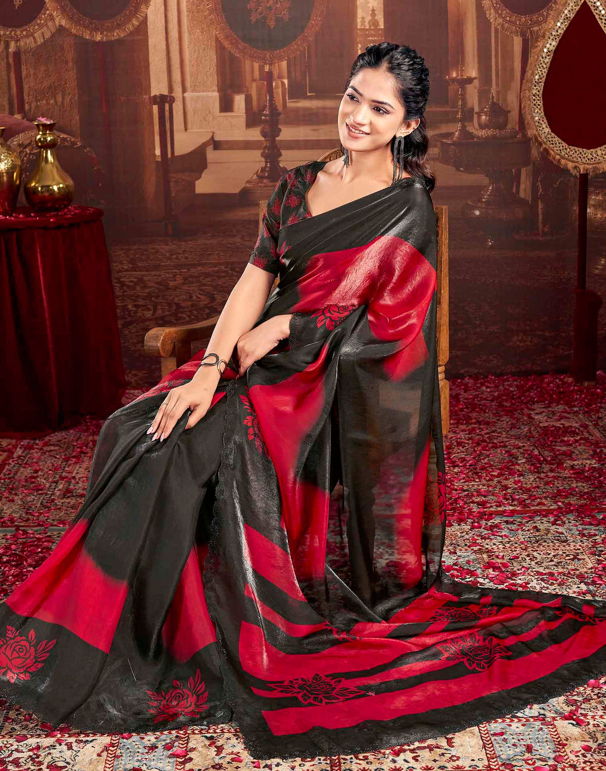 Red Shimmer Floral Printed Saree