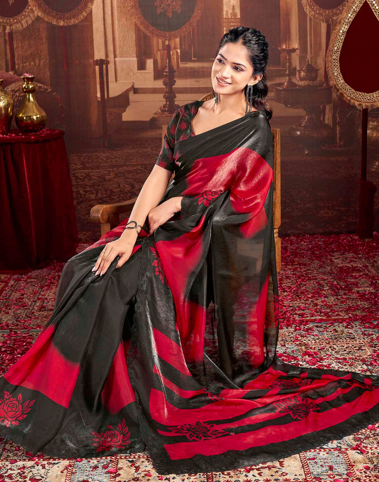 Red Shimmer Floral Printed Saree