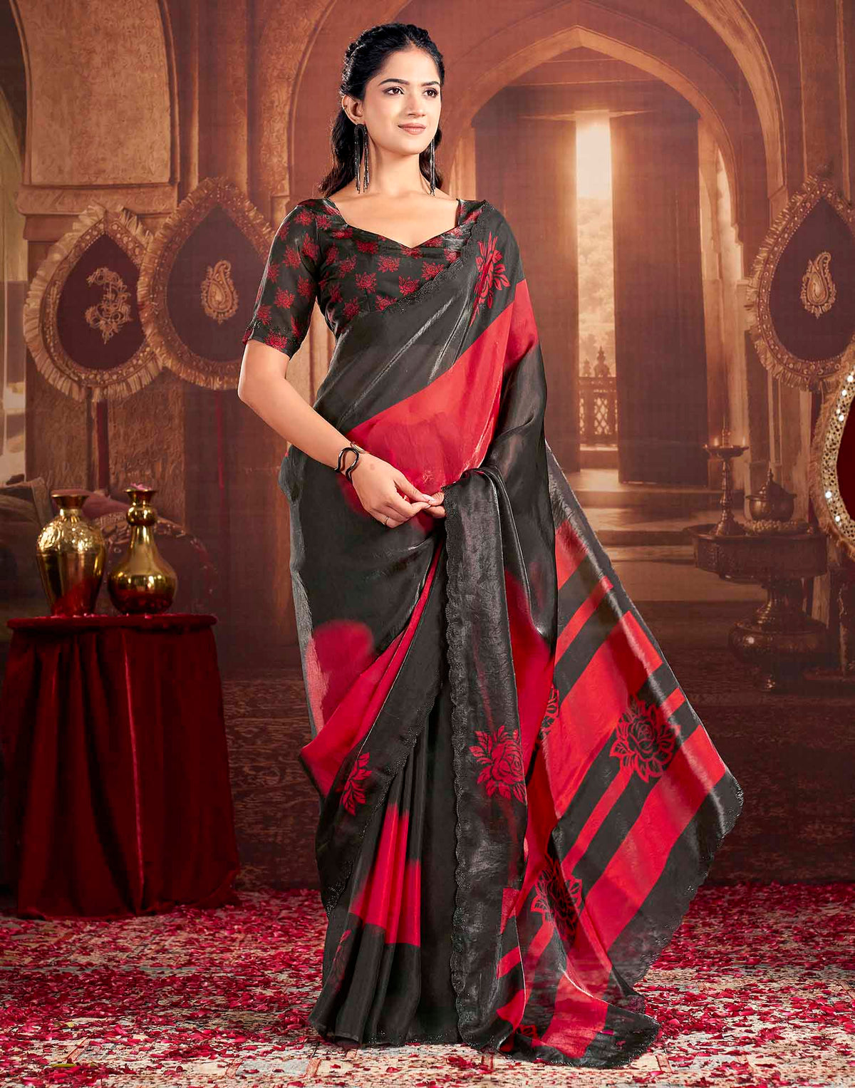 Red Shimmer Floral Printed Saree