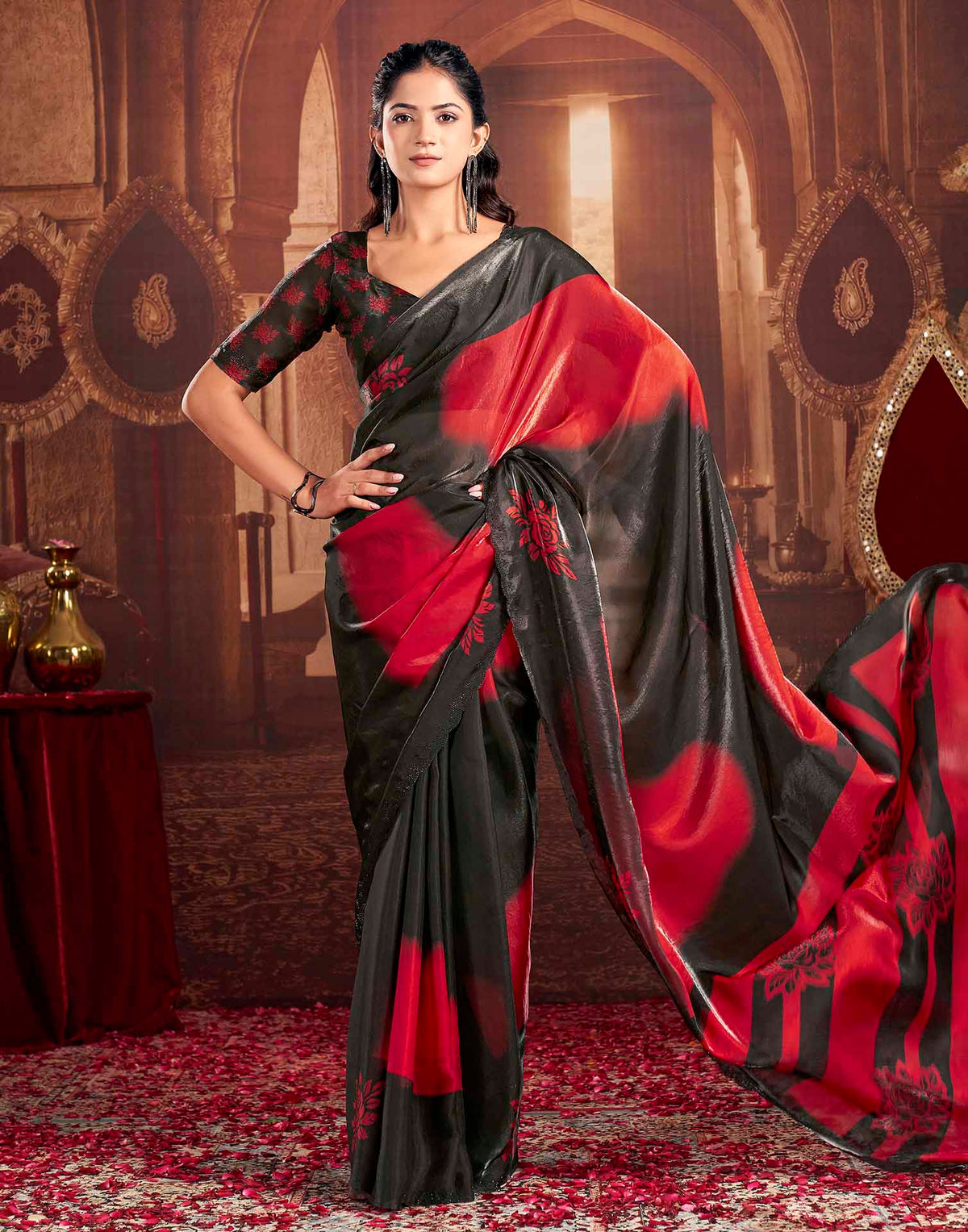Red Shimmer Floral Printed Saree