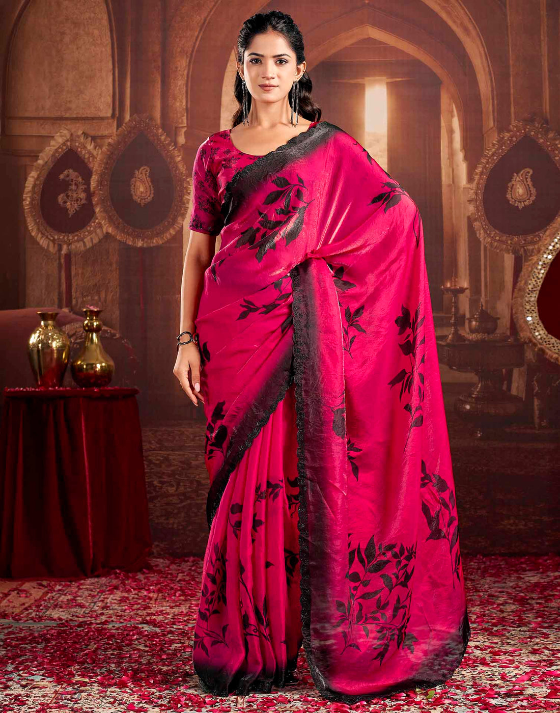 Magenta Shimmer Floral Printed Saree