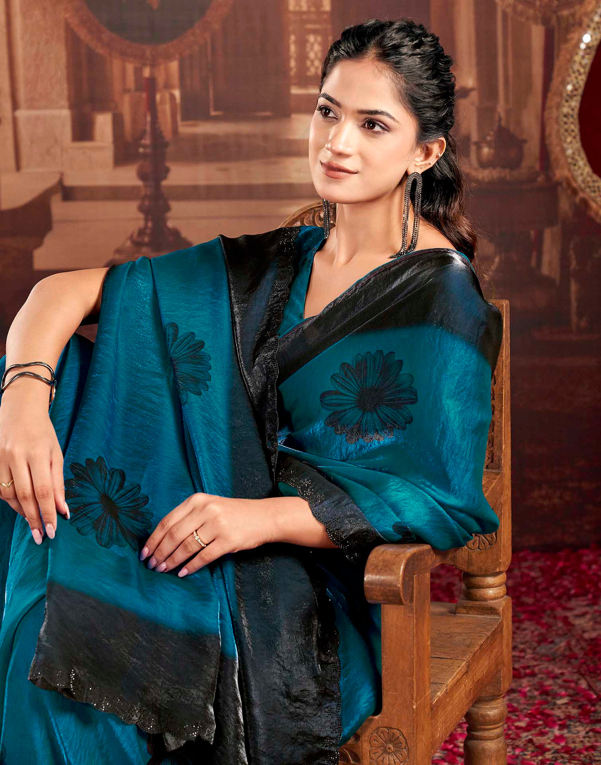 Blue Shimmer Floral Printed Saree