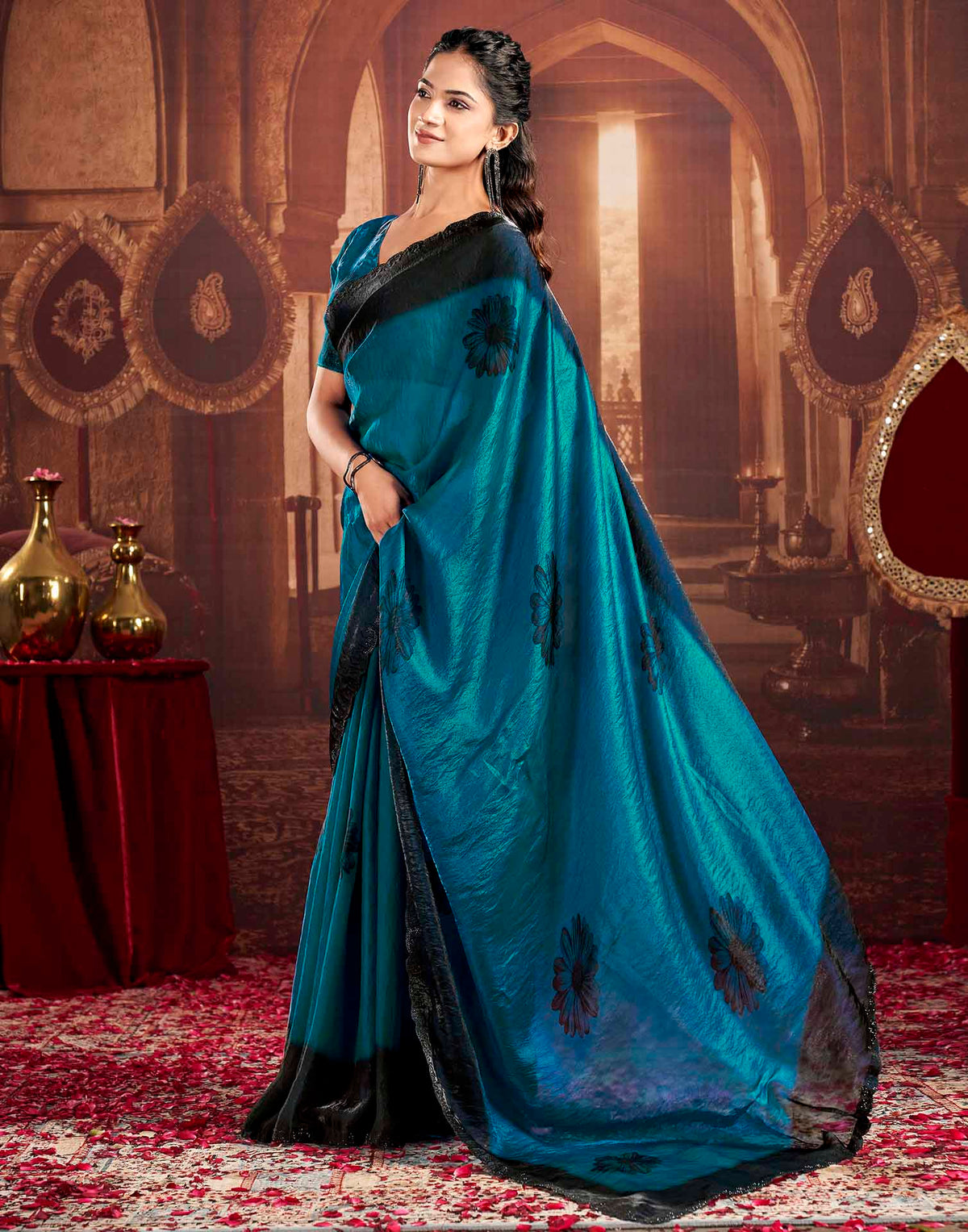 Blue Shimmer Floral Printed Saree