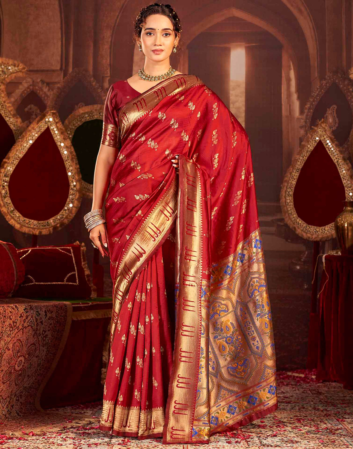 Ruby Red Silk Woven Paithani Saree