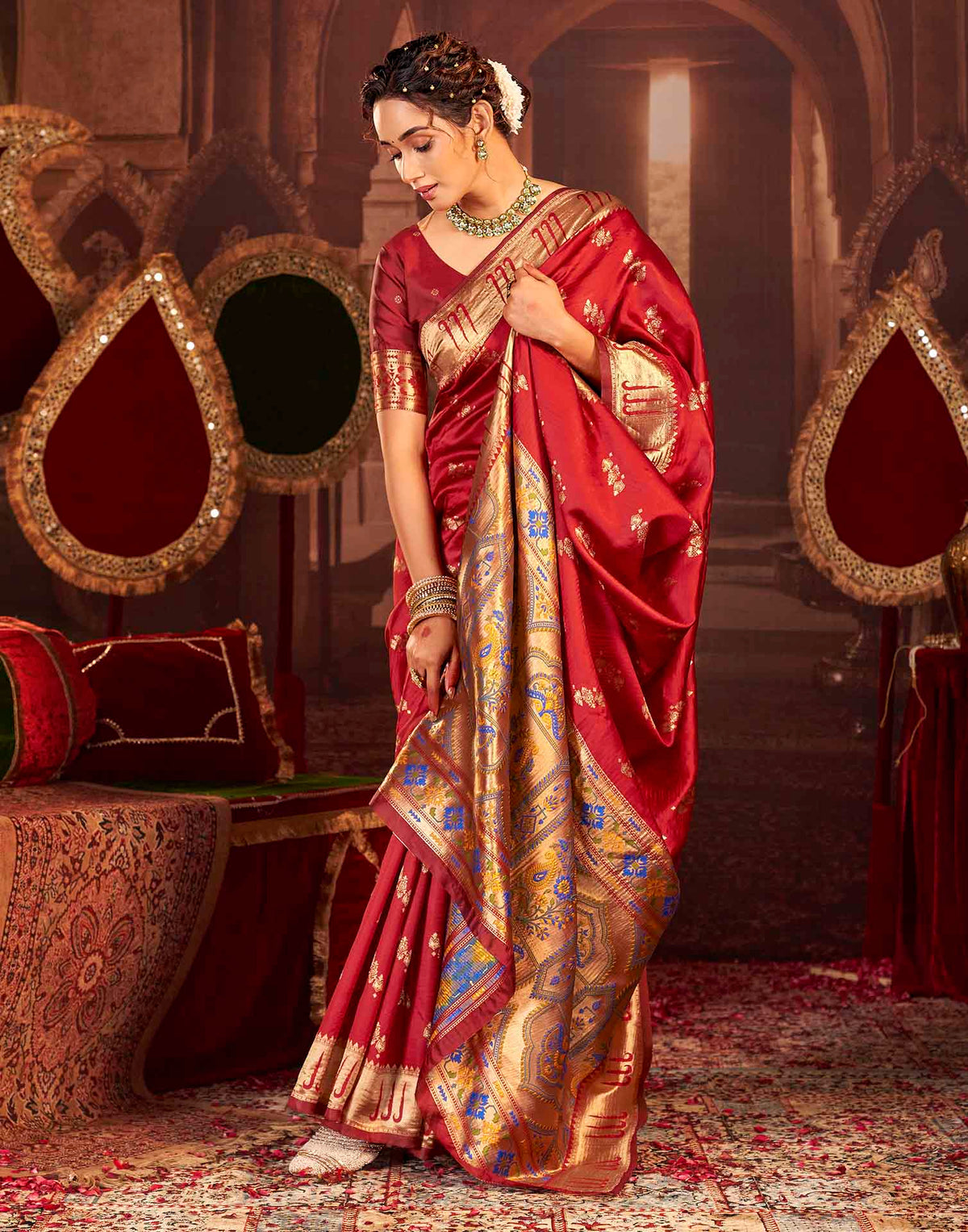 Ruby Red Silk Woven Paithani Saree