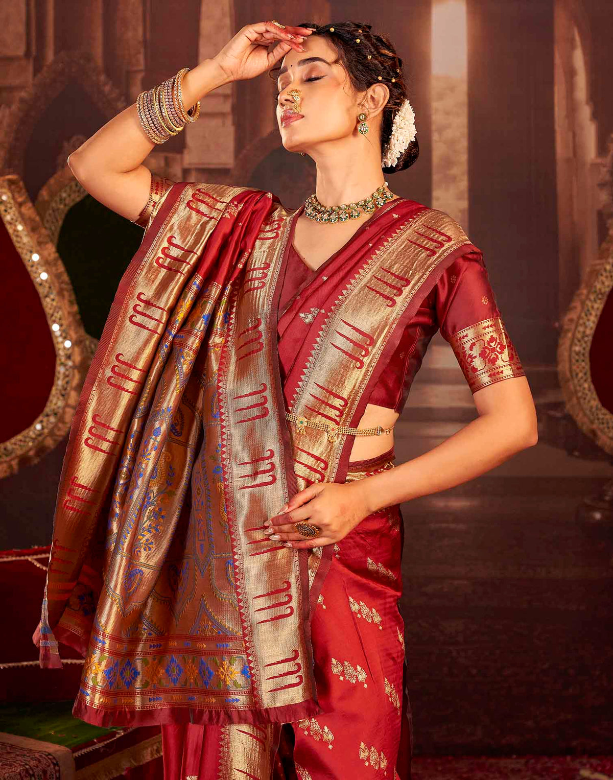 Ruby Red Silk Woven Paithani Saree