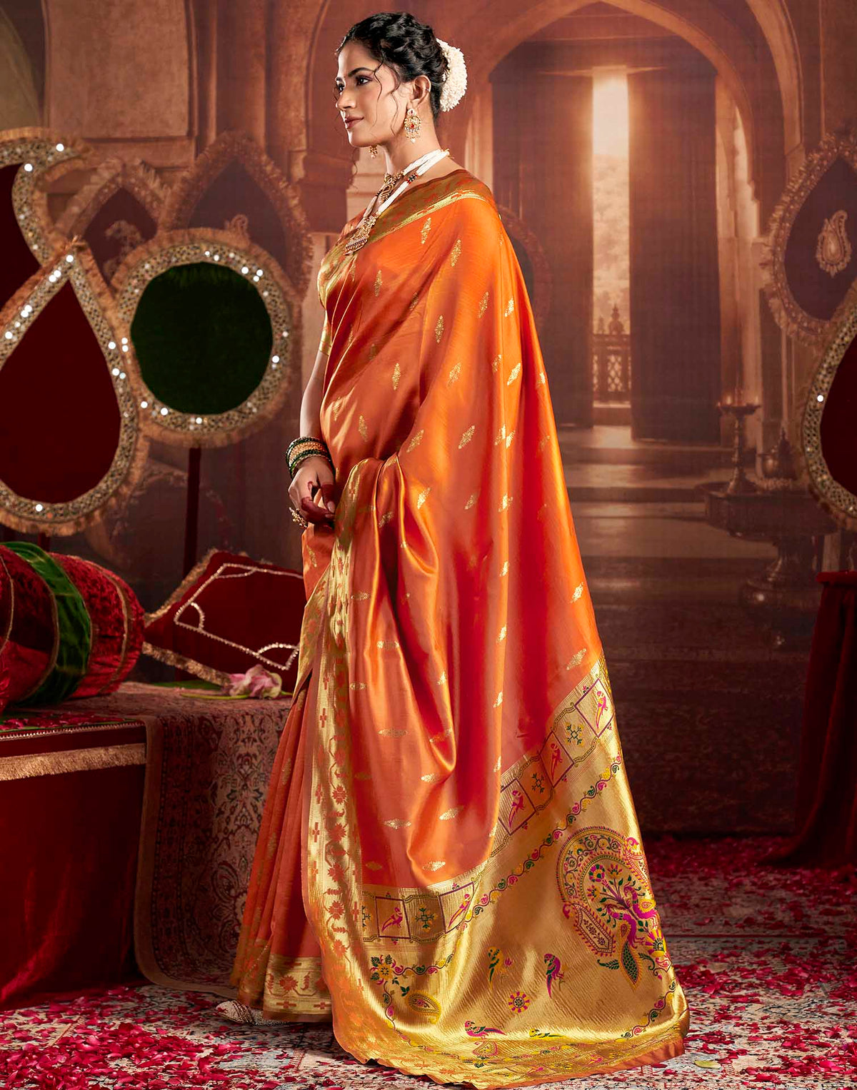 Rust Orange Silk Woven Paithani Saree