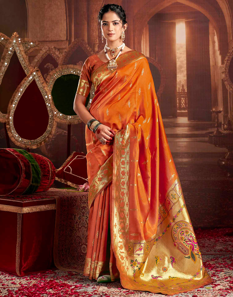 Rust Orange Silk Woven Paithani Saree