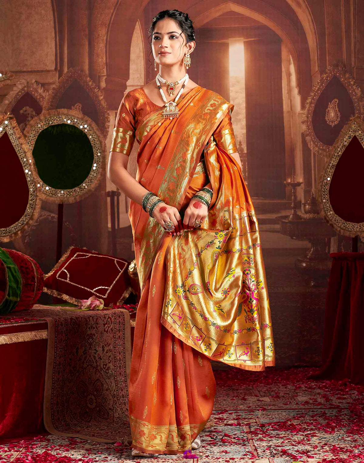 Rust Orange Silk Woven Paithani Saree