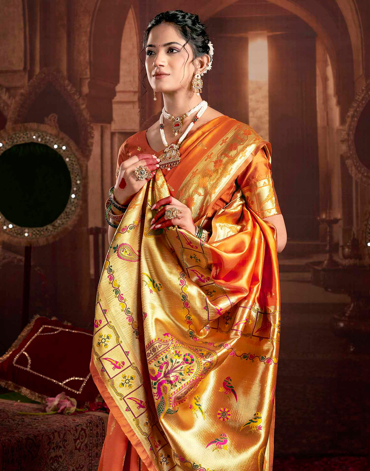 Rust Orange Silk Woven Paithani Saree