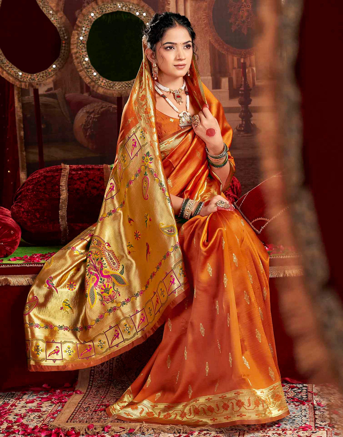 Rust Orange Silk Woven Paithani Saree