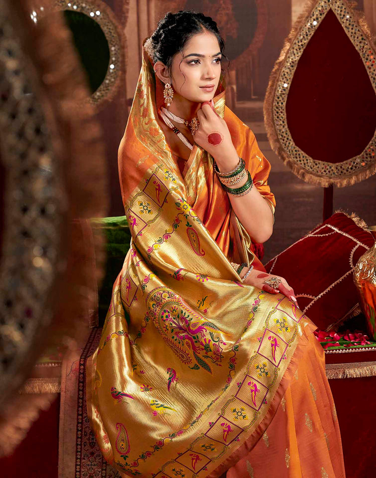 Rust Orange Silk Woven Paithani Saree