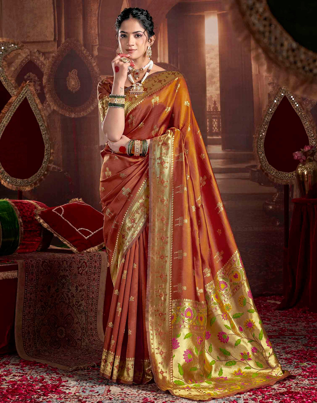Rust Silk Woven Paithani Saree
