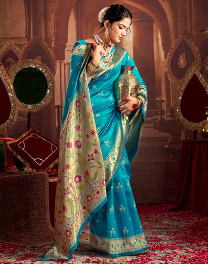 Teal Blue Silk Woven Paithani Saree