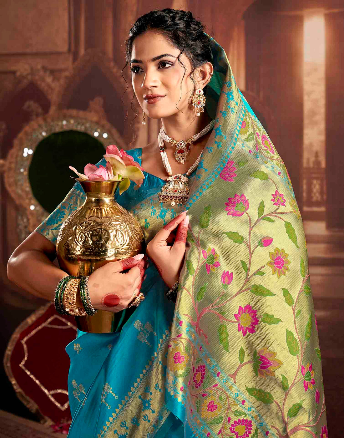 Teal Blue Silk Woven Paithani Saree