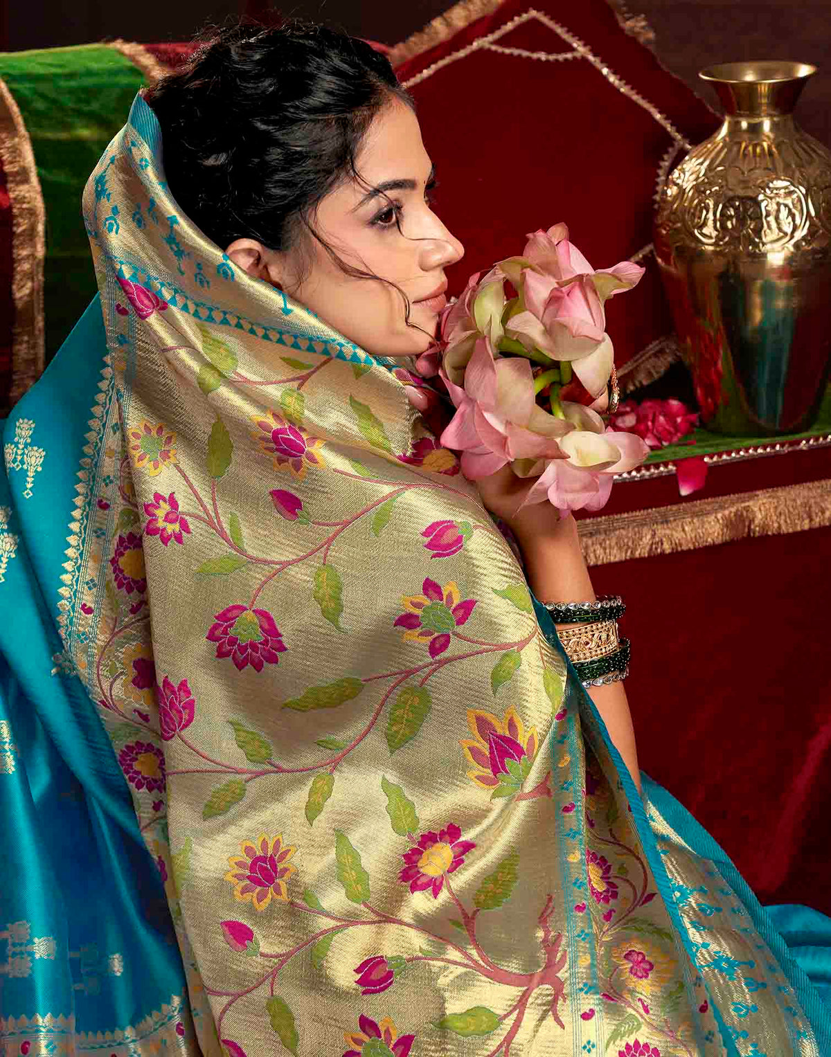 Teal Blue Silk Woven Paithani Saree
