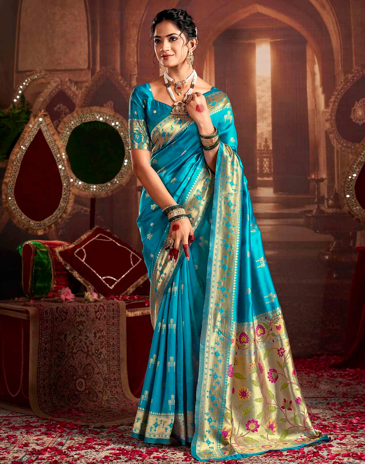 Teal Blue Silk Woven Paithani Saree