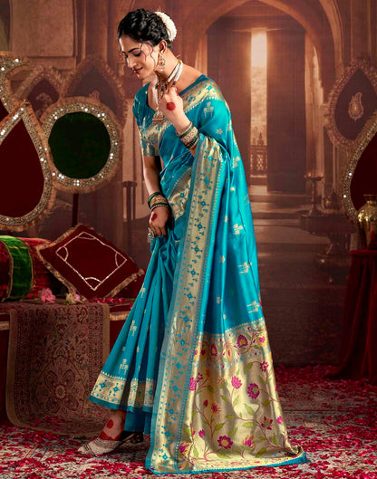Teal Blue Silk Woven Paithani Saree