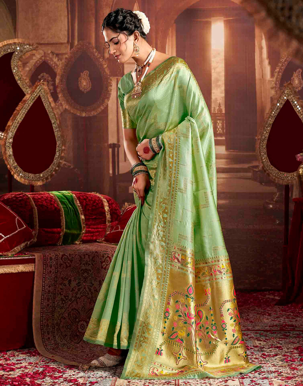 Pista Green Silk Woven Paithani Saree