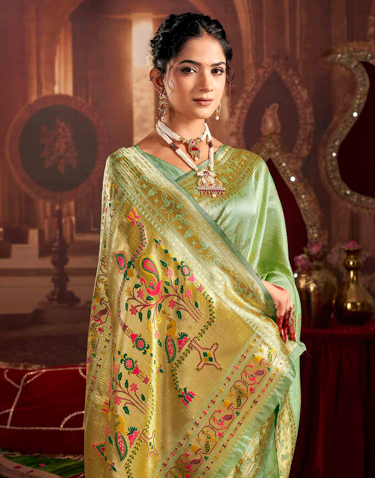 Pista Green Silk Woven Paithani Saree