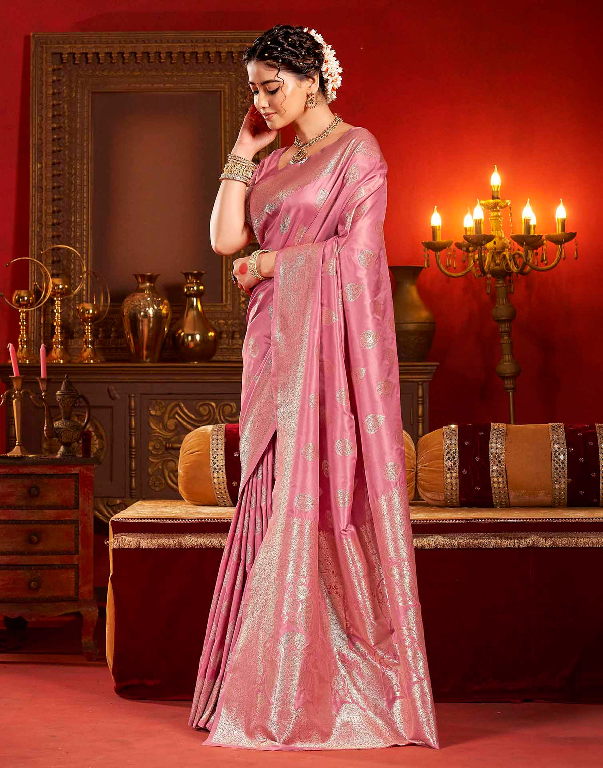 Dusty Rose Pink Silk Woven Banarasi Saree