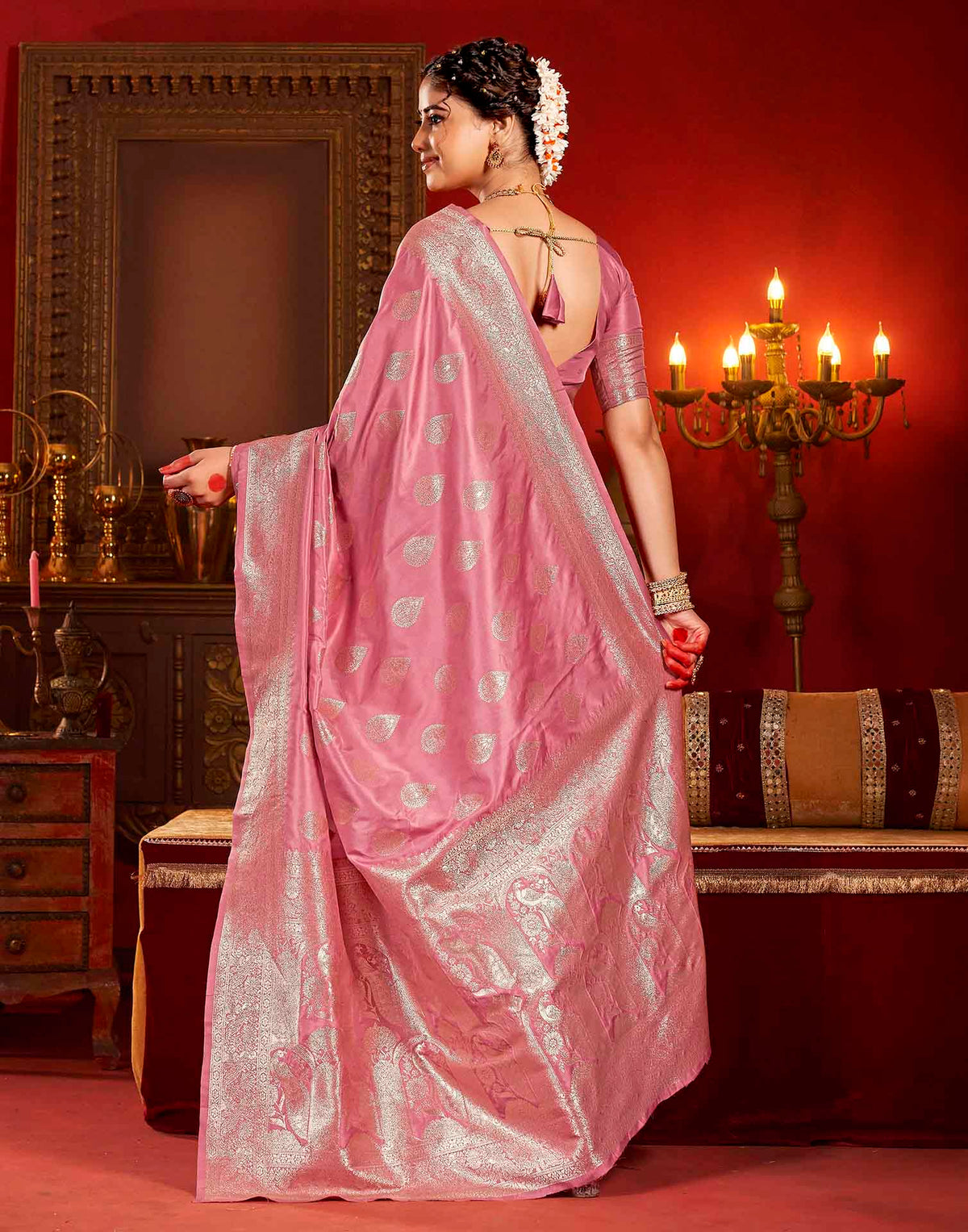Dusty Rose Pink Silk Woven Banarasi Saree