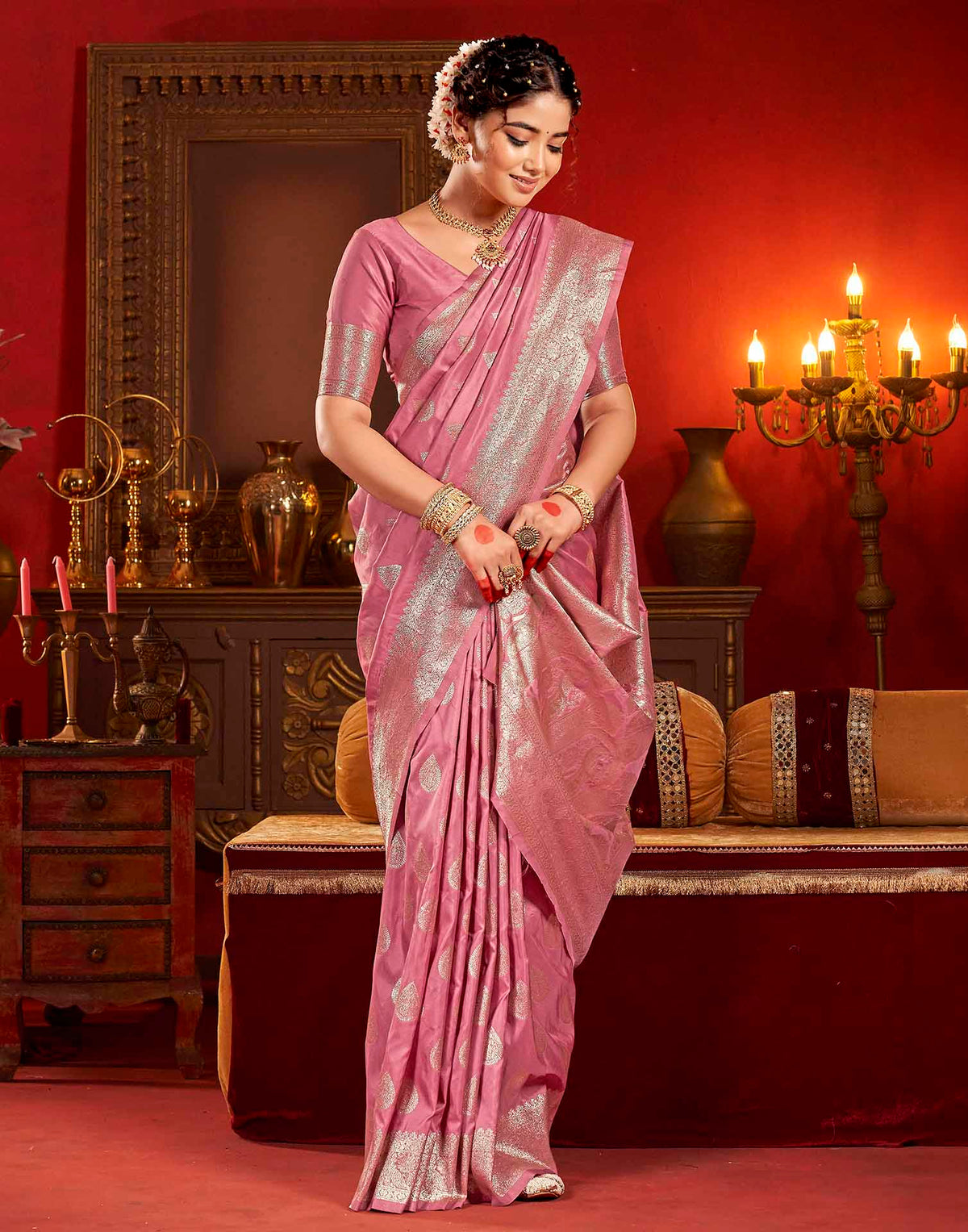 Dusty Rose Pink Silk Woven Banarasi Saree