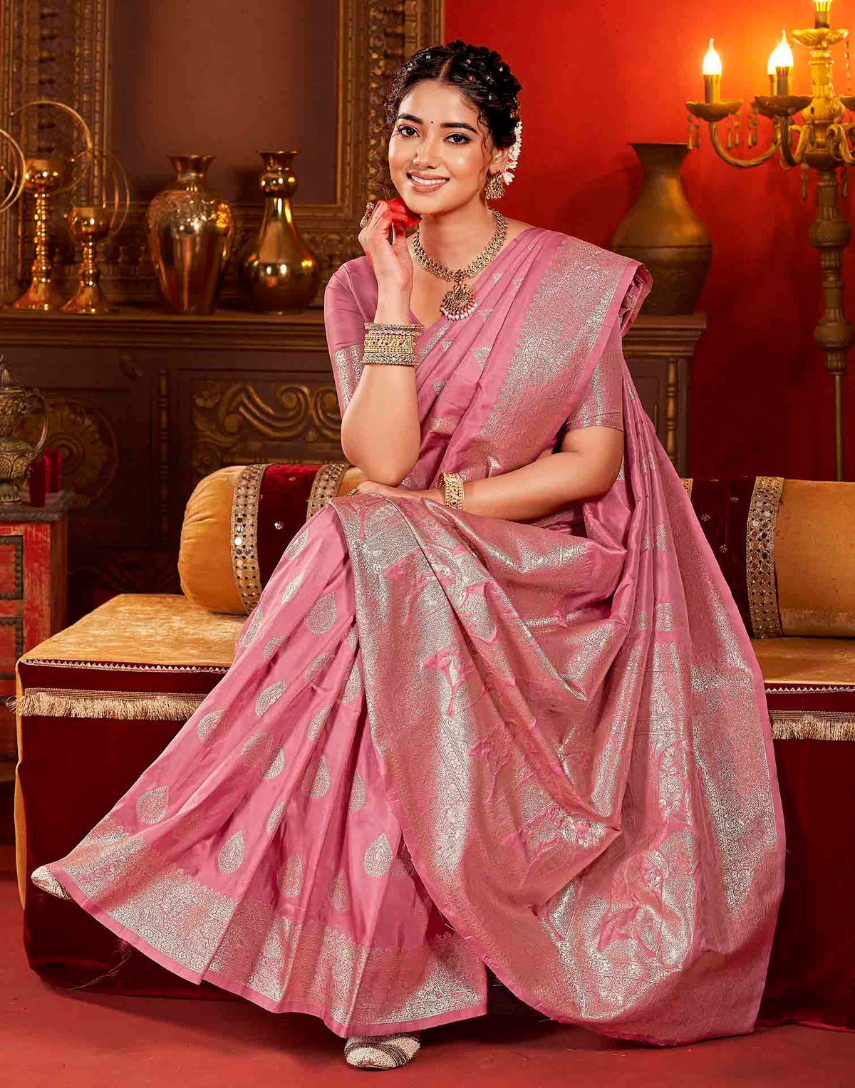 Dusty Rose Pink Silk Woven Banarasi Saree