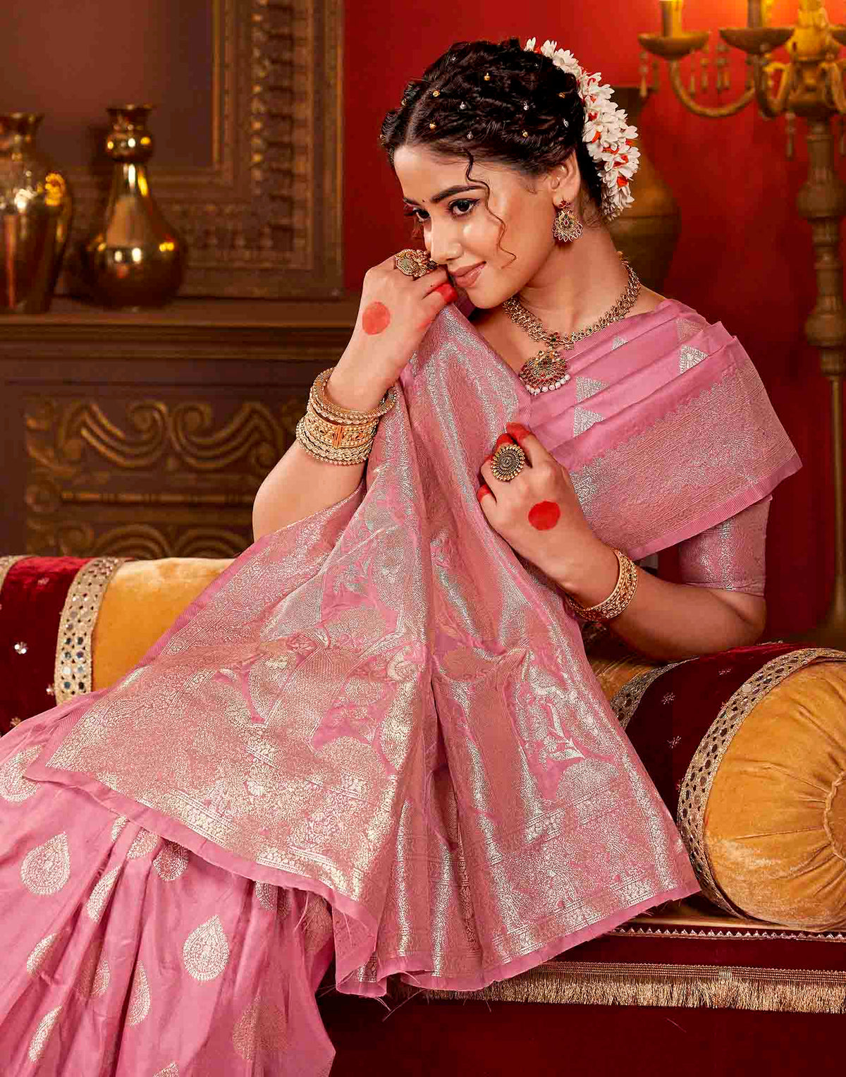 Dusty Rose Pink Silk Woven Banarasi Saree