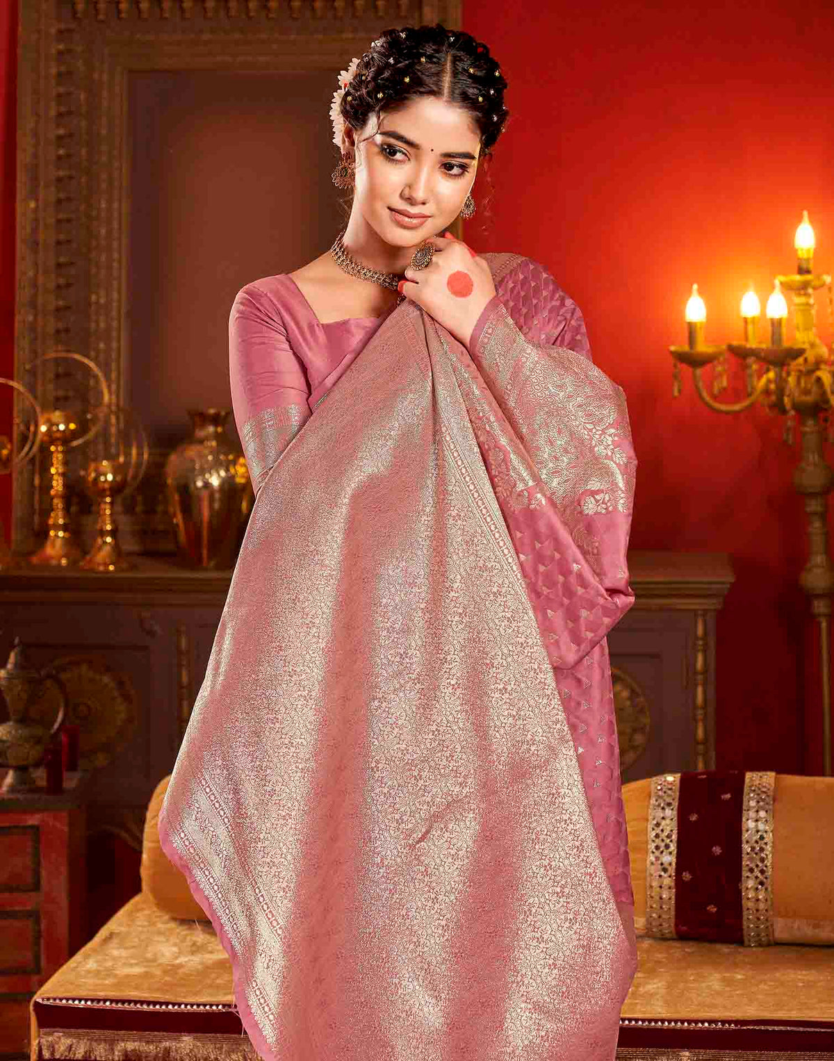 Dusty Rose Pink Silk Woven Banarasi Saree