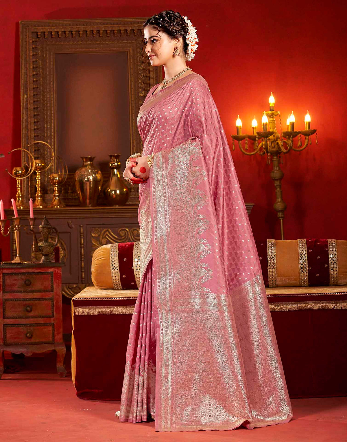 Dusty Rose Pink Silk Woven Banarasi Saree