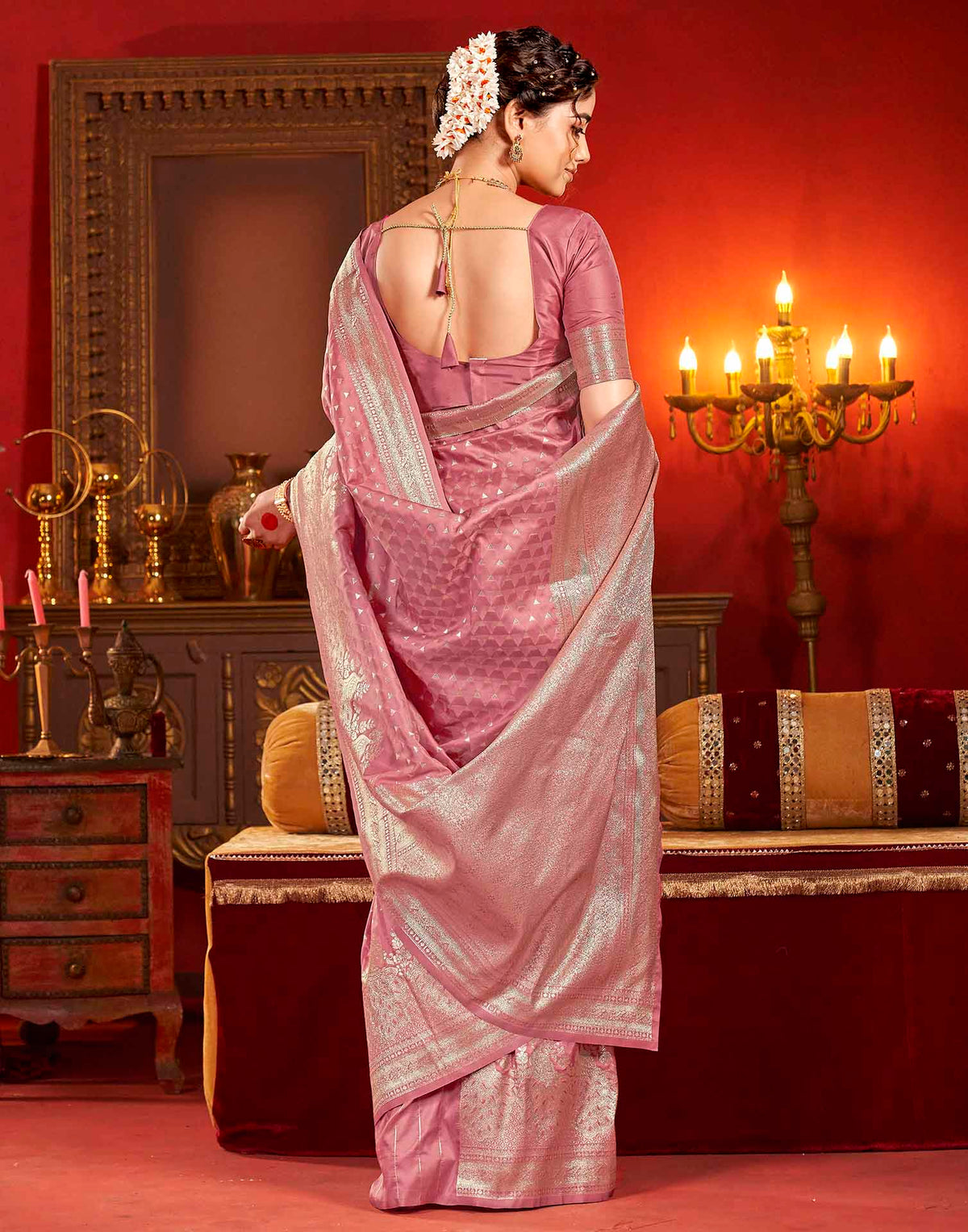 Dusty Rose Pink Silk Woven Banarasi Saree