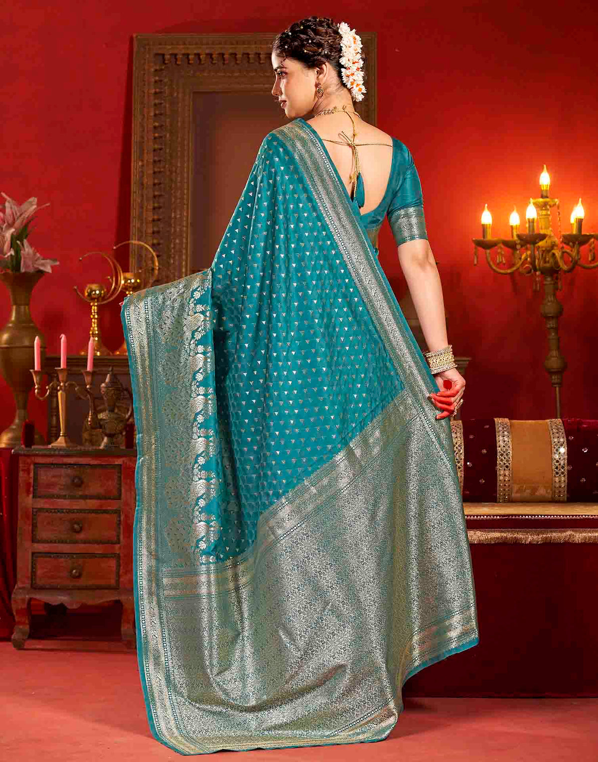 Peacock Teal Blue Silk Woven Banarasi Saree