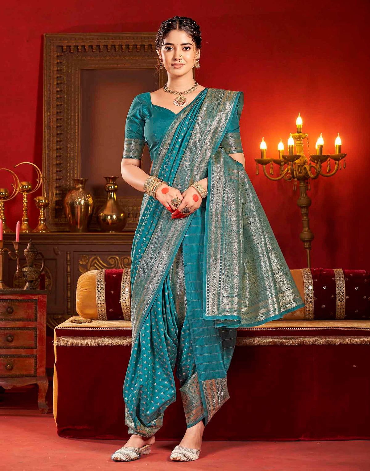 Peacock Teal Blue Silk Woven Banarasi Saree